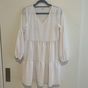 White V-Neck Tunic Dress Long Sleeves